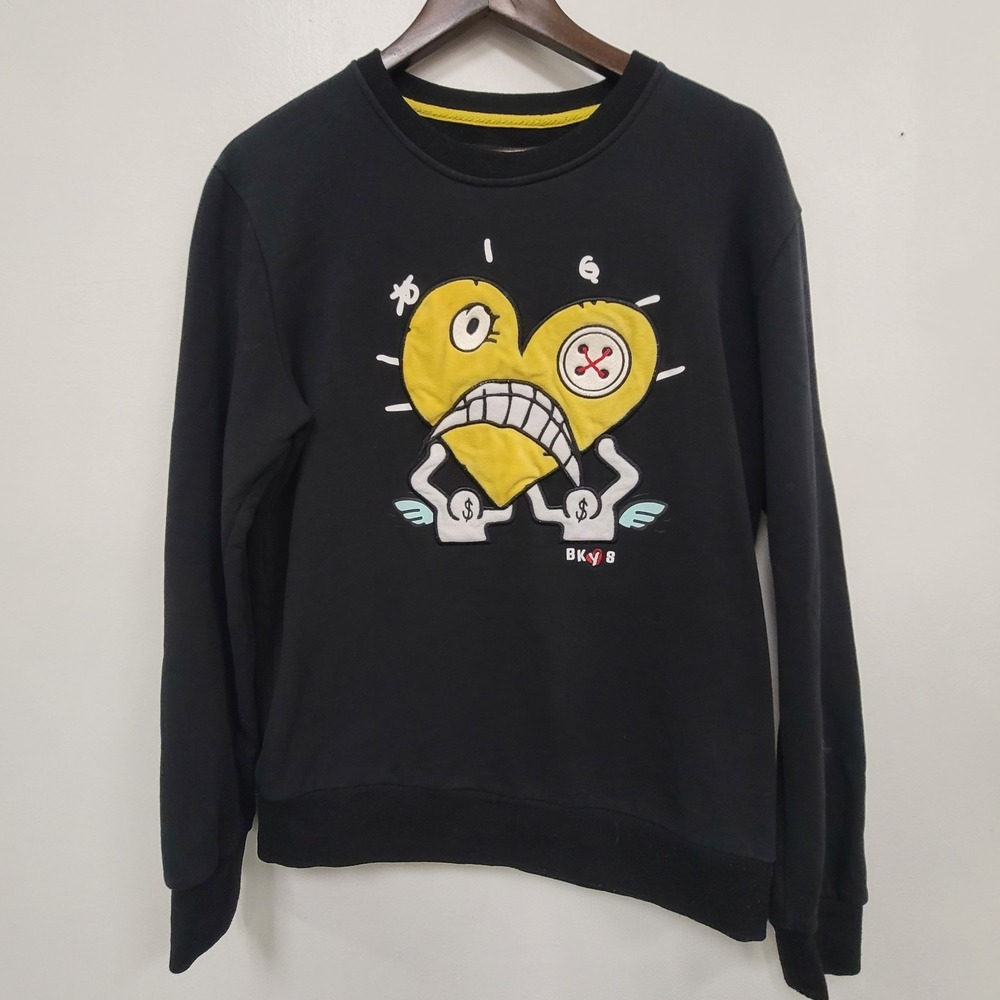 Bkys Mens Crew Neck Yellow Heart Graphic Sweatshirt Size M‎ Black Streetwear